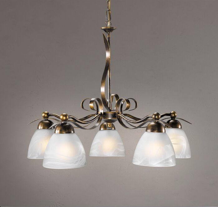 Elegante hanglamp, 5 lampjes gemaakt van ijzer en glas 