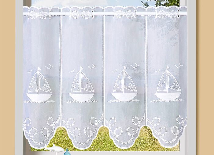 Korte jaloezie&euml;n van geborduurd batist met roededoorvoer 