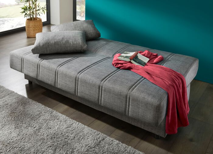 Slaapbank die vrij in de kamer kan worden opgesteld met sierkussens en bedbox GRIJS