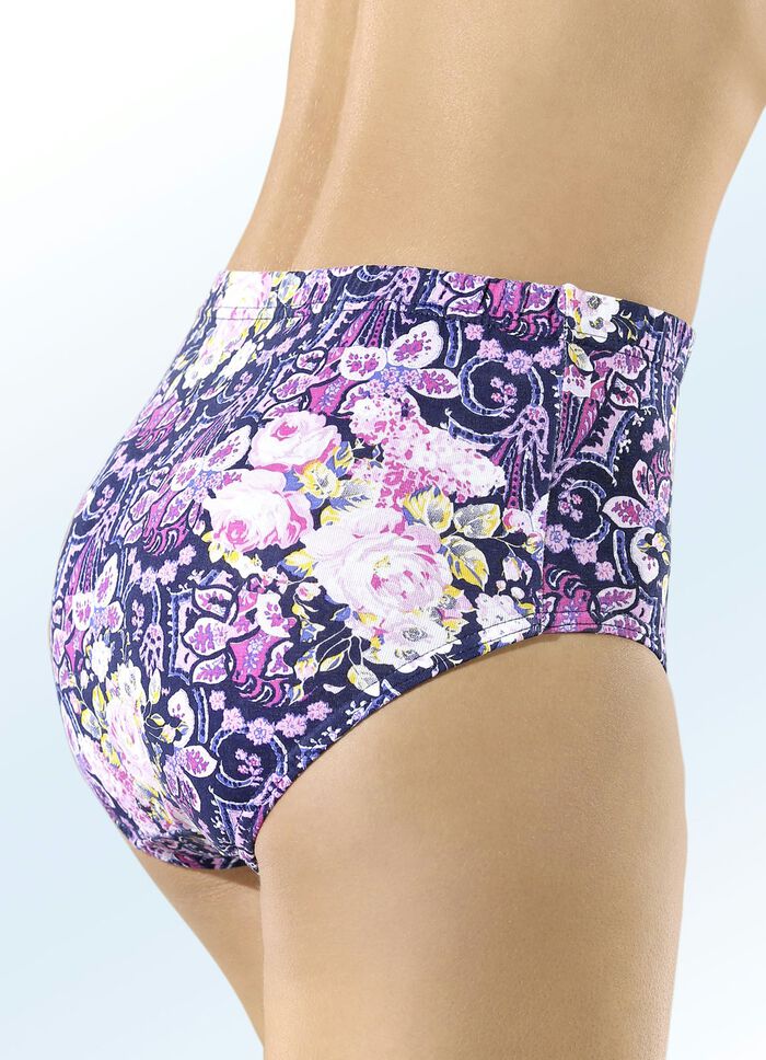 Set van vijf slips in marine met roze-geel-bont printdessin 