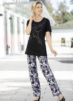 Broek met glanzende gekleurde inkjetprint 