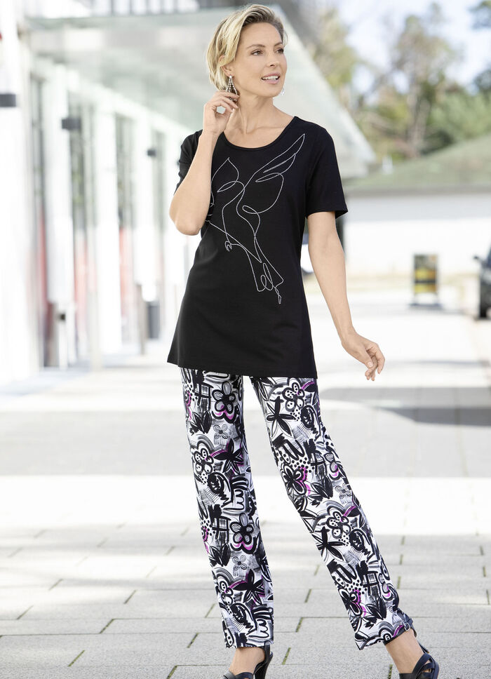 Broek met glanzende gekleurde inkjetprint 