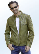 Korte leren jas met sierstiksel 