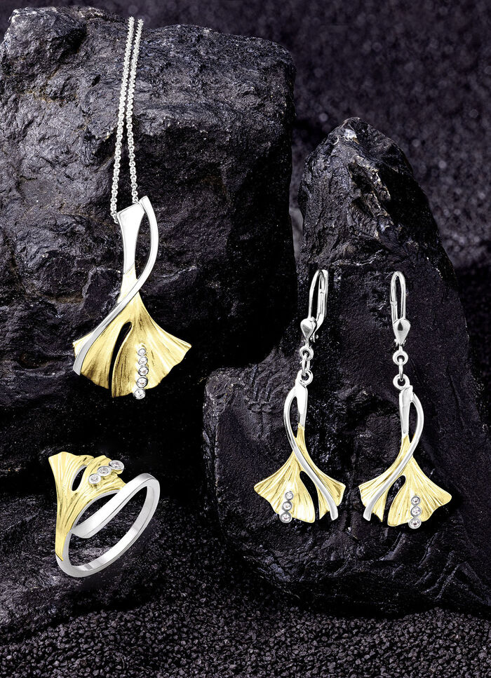 Ginkgo-bladhanger in tweekleurige uitvoering met synthetische zirkonia 