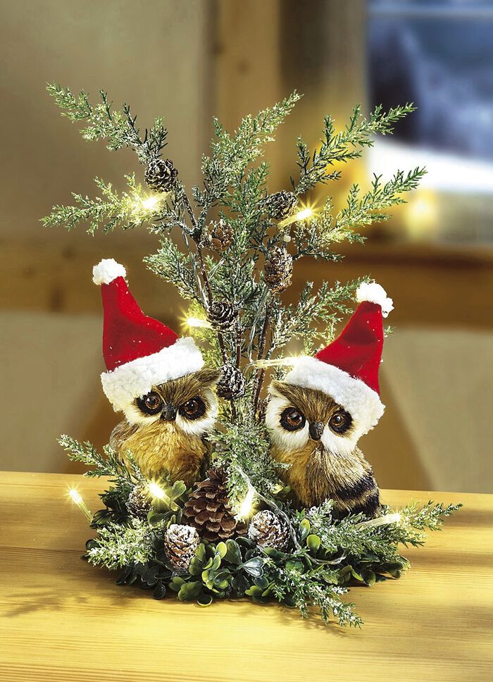 Verlichte tafelopstelling met 2 uilen 