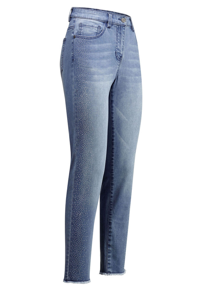 Elegante jeans met leuke strasssteentjes en franjes aan de zoom LICHTBLAUW