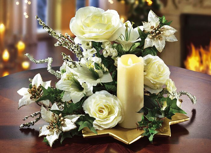 Tafelbloemstuk met echte waskaarsen met LED 