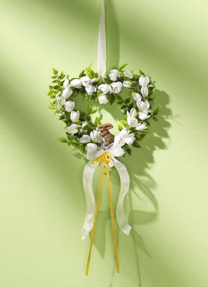 Rieten hart met konijntje van polyresin