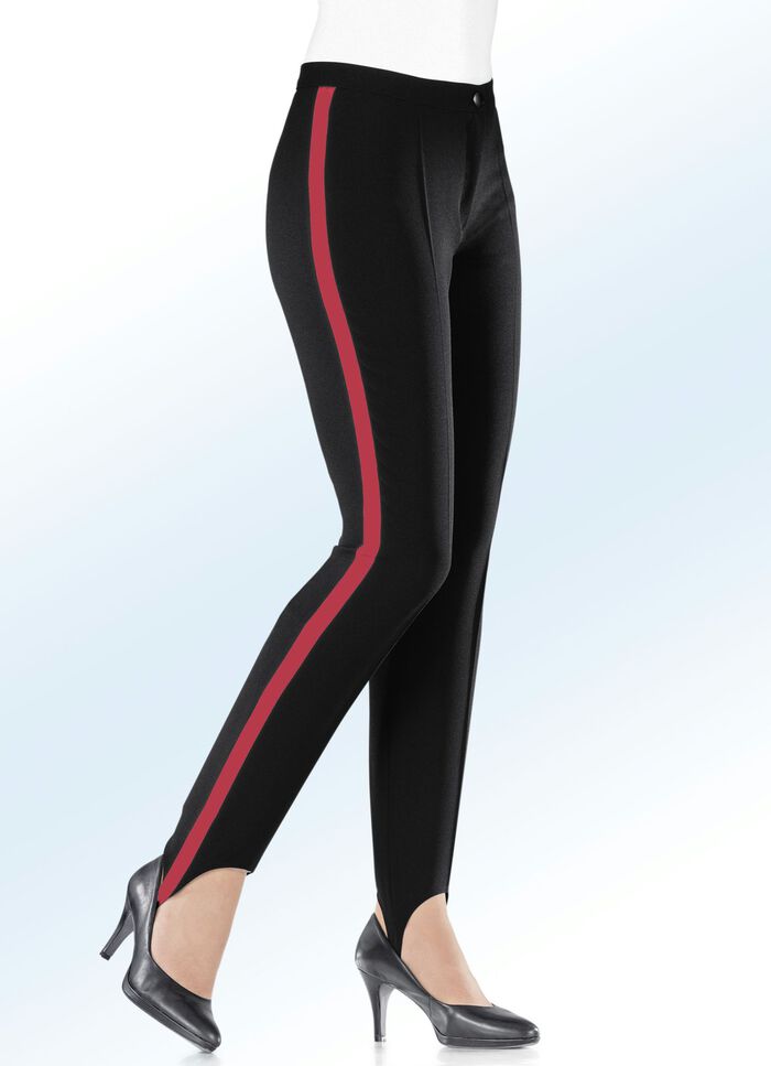 Broek met voetbandjes en contrasterende galonstrepen ZWART-ROOD