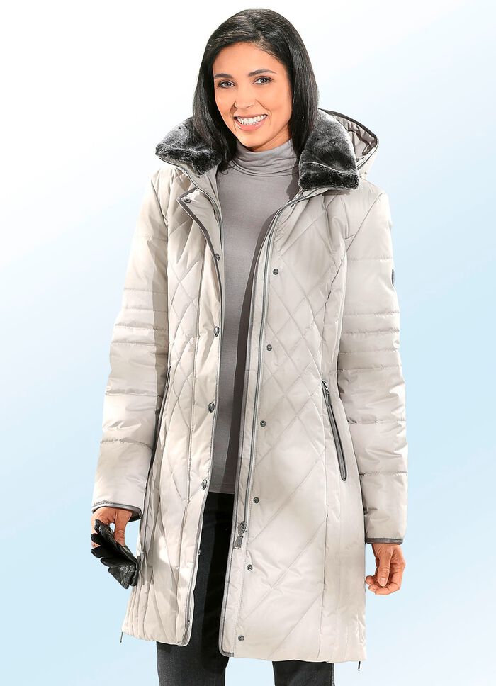 Functionele korte jas met contrasterende nappalederen imitatiebies STEENGRIJS