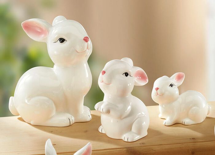 Keramieken konijnenbeeldjes WIT-ROZE