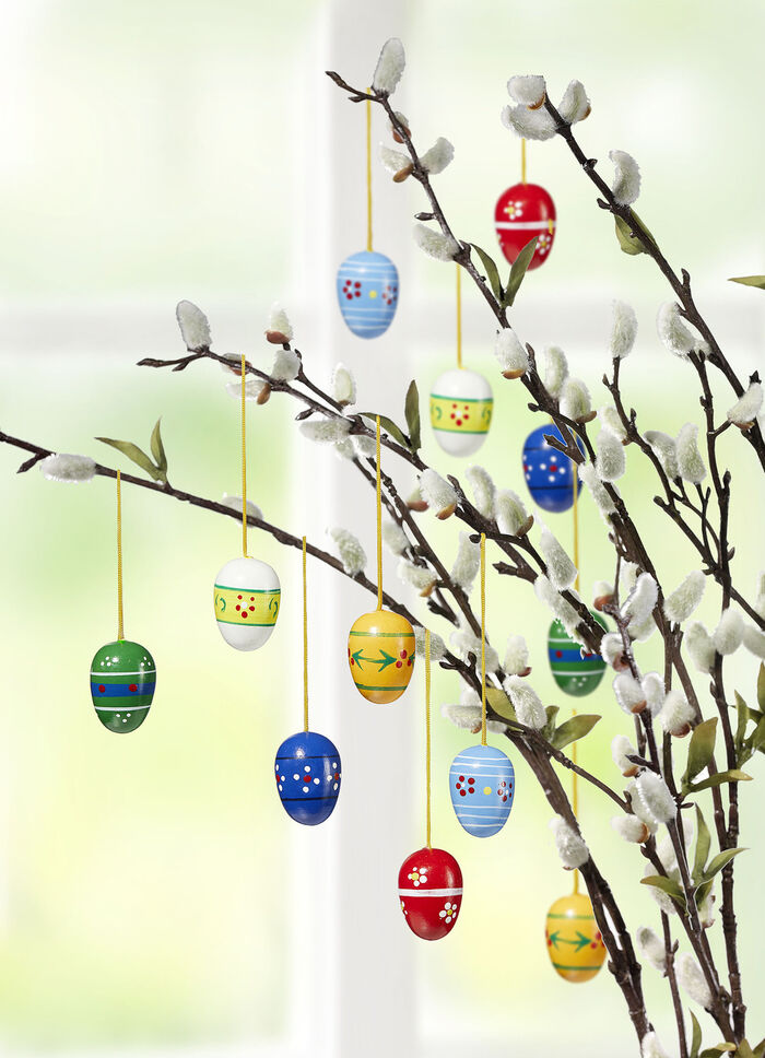 Houten eieren met veermotief, set van 12