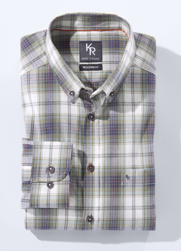 Overhemd van "King's Road" met button-down kraag in 3 kleuren GROEN-ECRU GECONTROLEERD