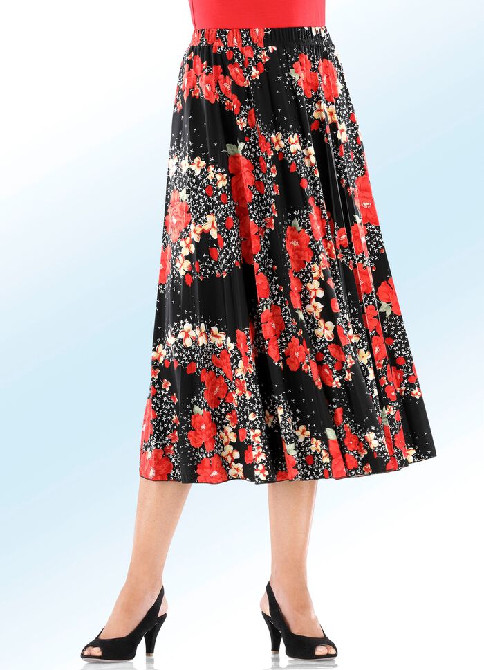 Geplooide rok in slipmodel ZWART-ROOD