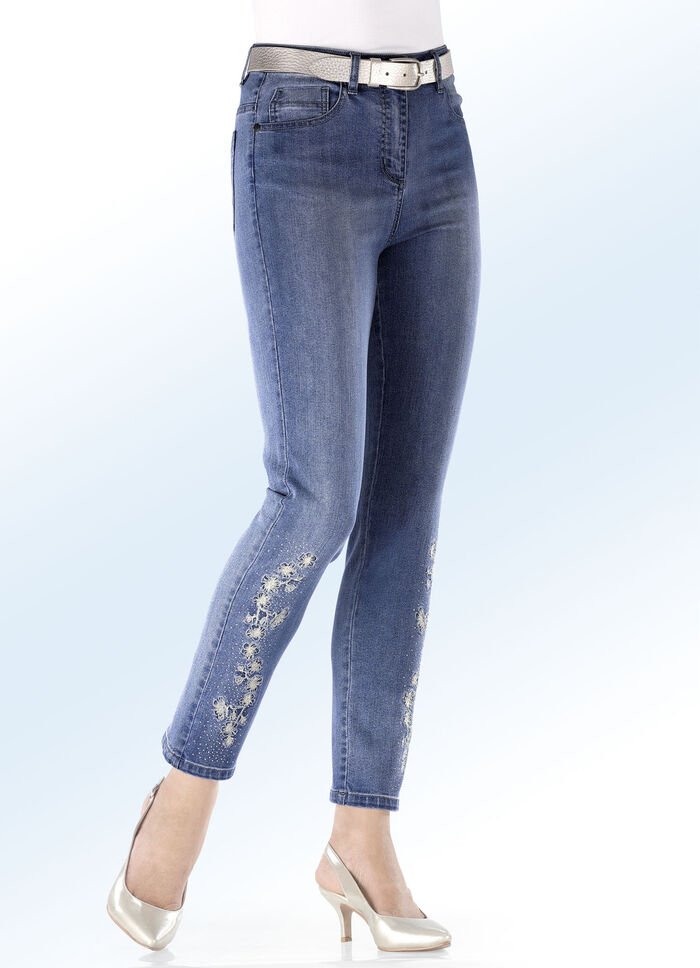 Elegante jeans met borduurapplicaties en strass steentjes JEANSBLAUW
