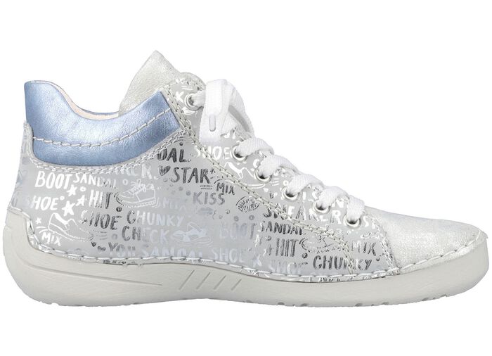 Rieker veterlaarsje van origineel bedrukt synthetisch materiaal ZILVER-GRIJS-BLAUW