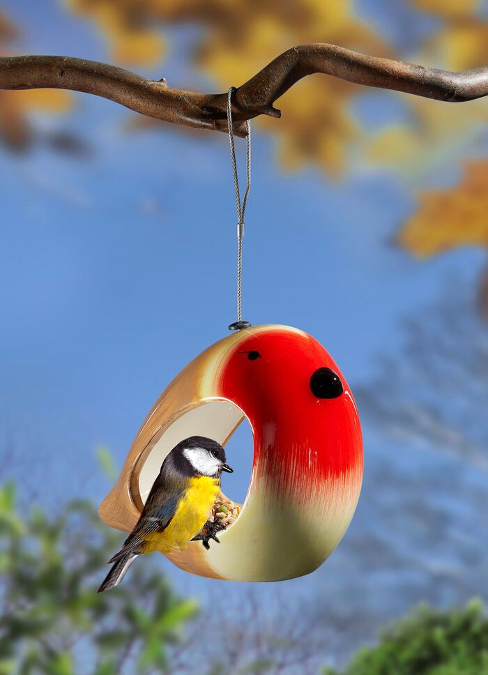 Handgeschilderde keramische vogelvoederbak ROOD