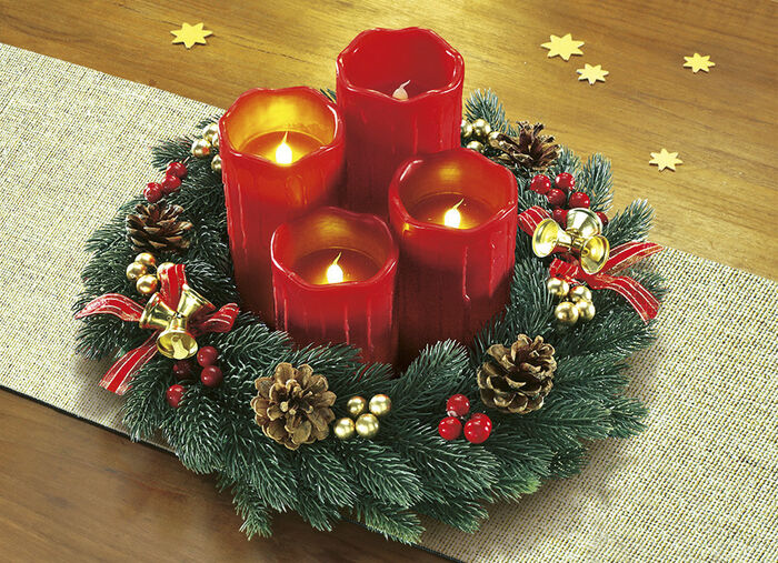 Adventskrans met echte waskaarsen met led ROOD