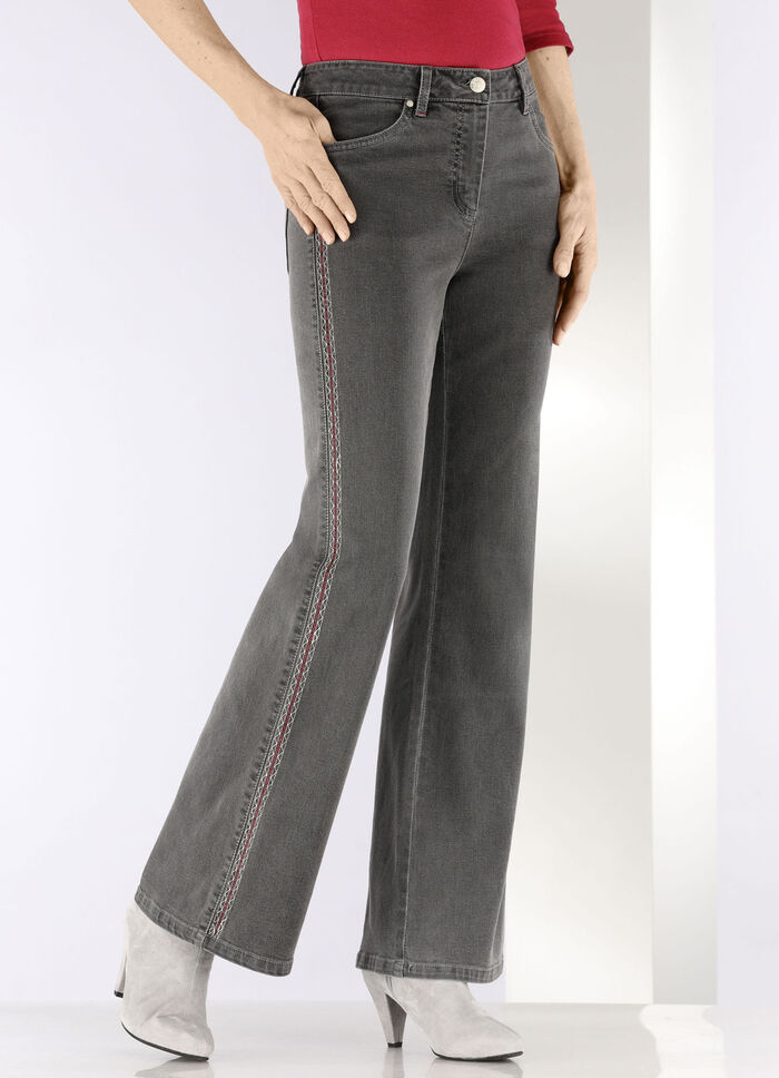 Jeans met decoratieve stiksels in etnische stijl GRIJS