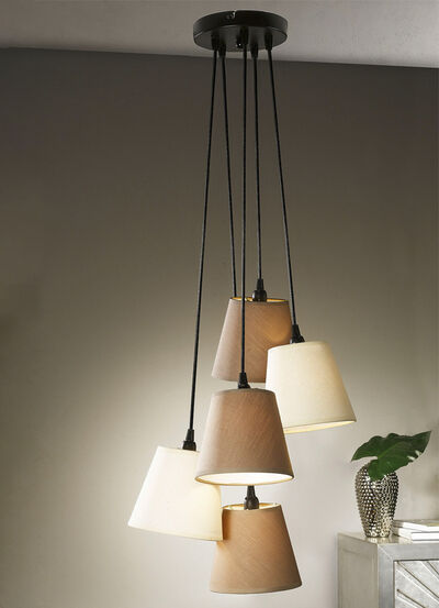 Hanglamp, 5 lichtpunten, van metaal, met stoffen lampenkappen 