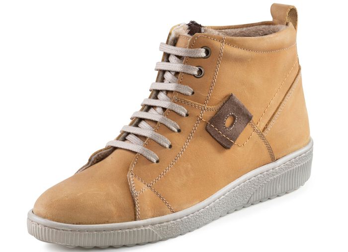 ELENA EDEN veterlaarsje van nubuckleer, met leren applicatie CURRY