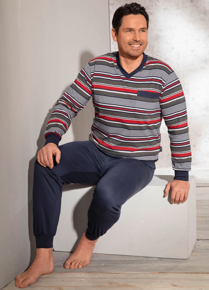 Pyjama met V-hals, borstzak en garengeverfd gestreept dessin 