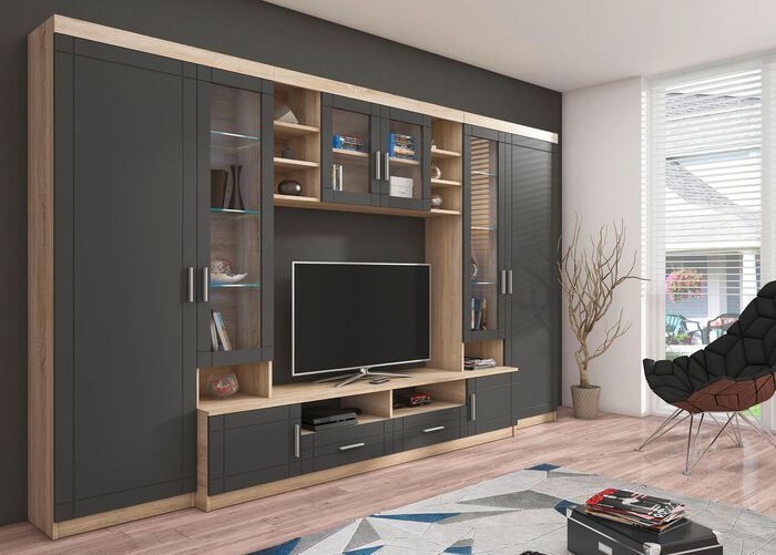 Woonwand met glazen planken met ledverlichting GRIJS-EIKEN