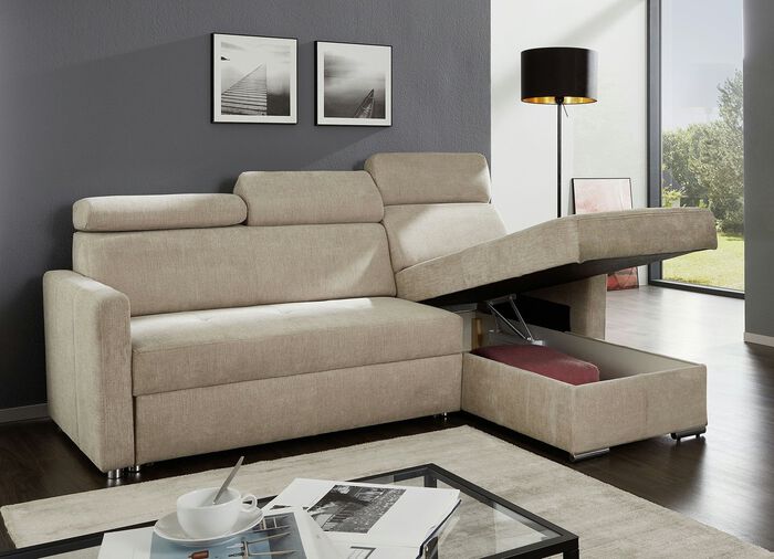 Gestoffeerde hoek met slaapfunctie en bedstee BEIGE