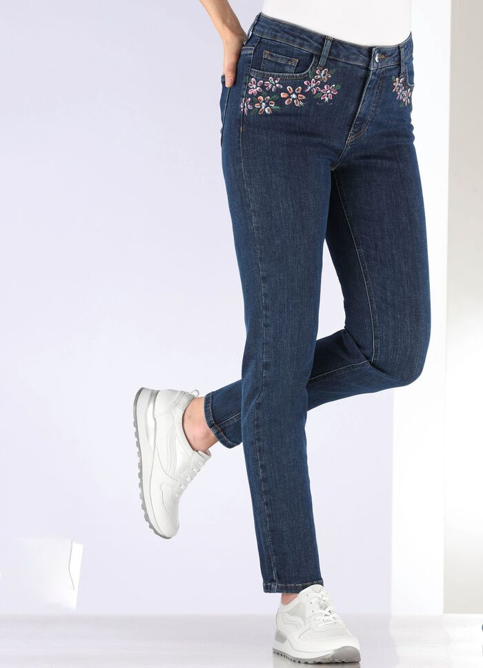 Jeans met handgeschilderde bloemmotieven 