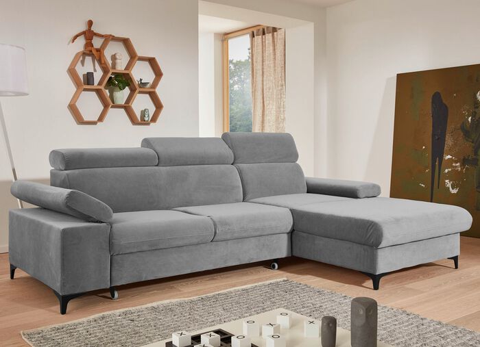 Gestoffeerde hoekbank met slaapfunctie en verstelbare hoofdsteunen en armleuningen GRIJS