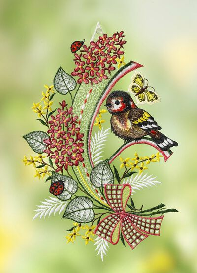 Raamschilderij vogels gemaakt van echt Plauen kant 