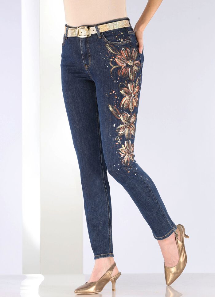 Elegante jeans met handgeschilderde bloemmotieven 