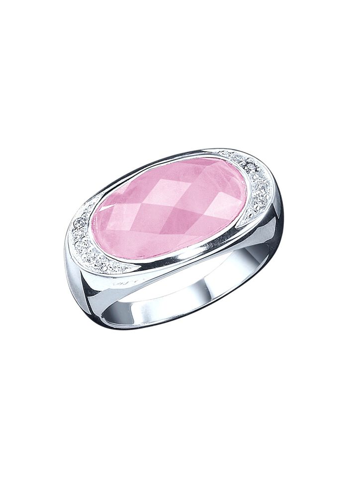 Damesring met echte rozenkwarts en synthetische zirkonia 