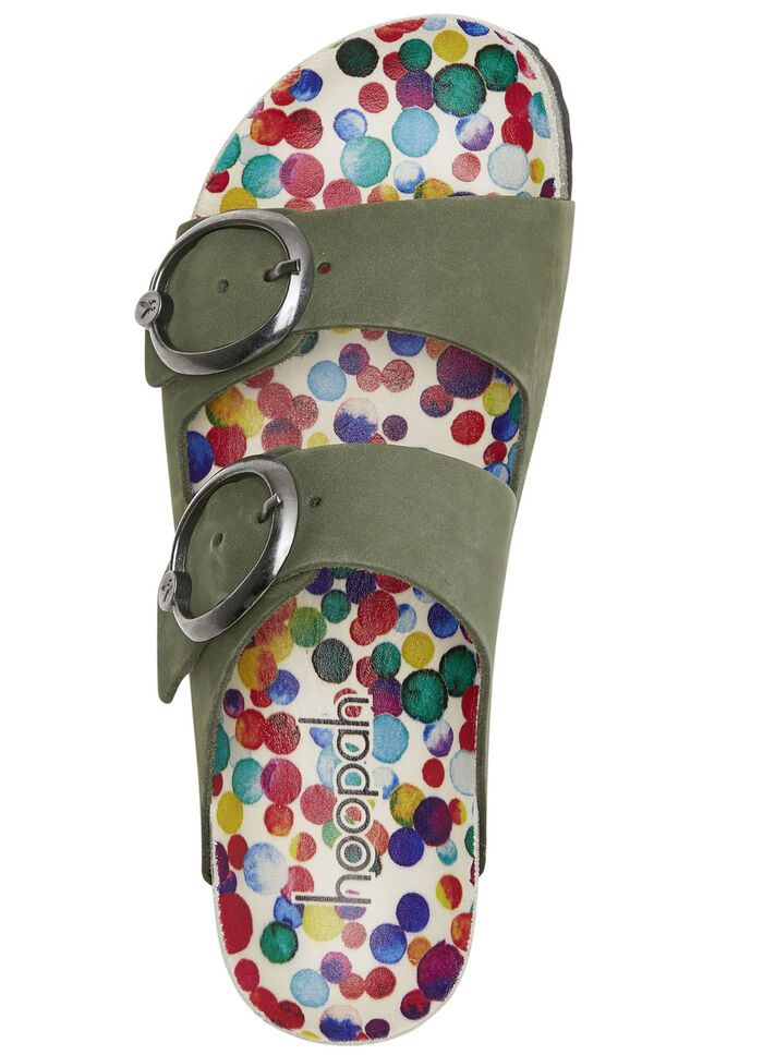 Andrea Conti muiltjes met kleurrijk bedrukt leren voetbed OLIJFGROEN