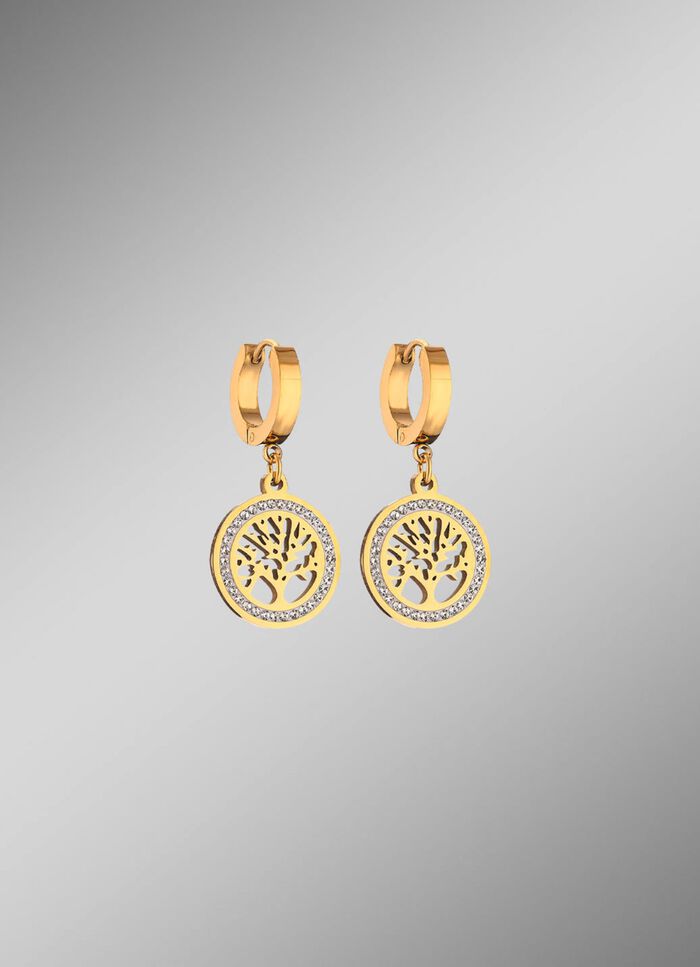 Oorbellen in de vorm van een levensboom, gemaakt van roestvrij staal met kristallen 