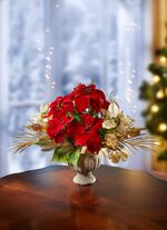 Poinsettia/hortensia arrangement in keramieken beker 