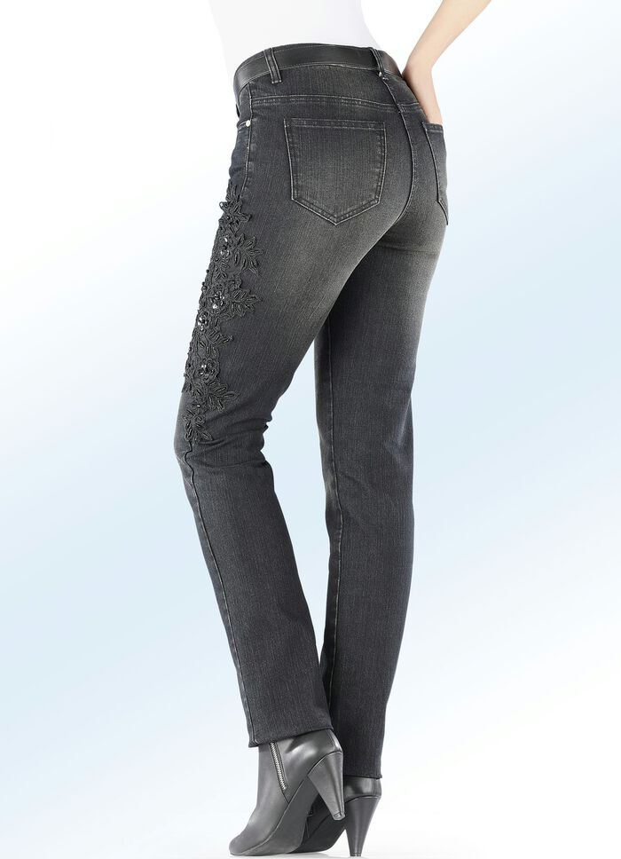 Edele jeans met prachtige geborduurde bloemen ZWART