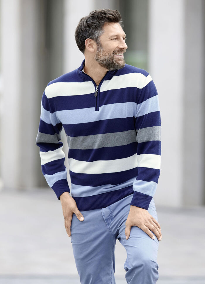 Gestreepte troyer met korte ritssluiting MARINE-BLEU-ECRU