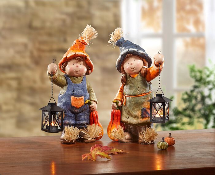 Herfstkinderen met pompoen en lantaarn BLAUW-ORANJE-GROEN