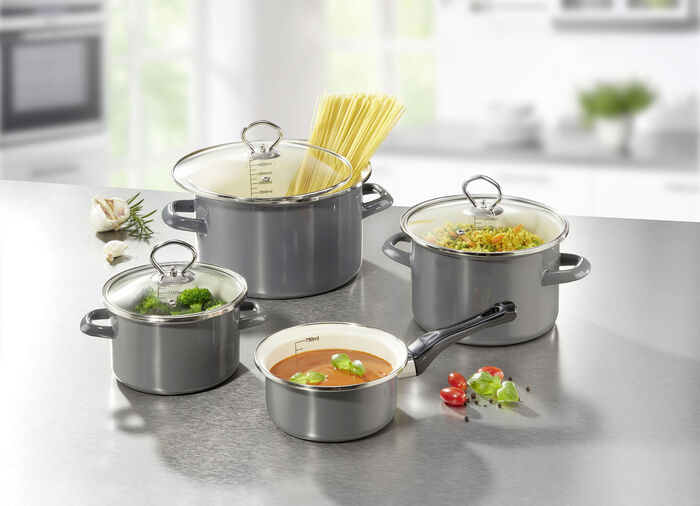 Emaille pottenset, 7-delig GRIJS
