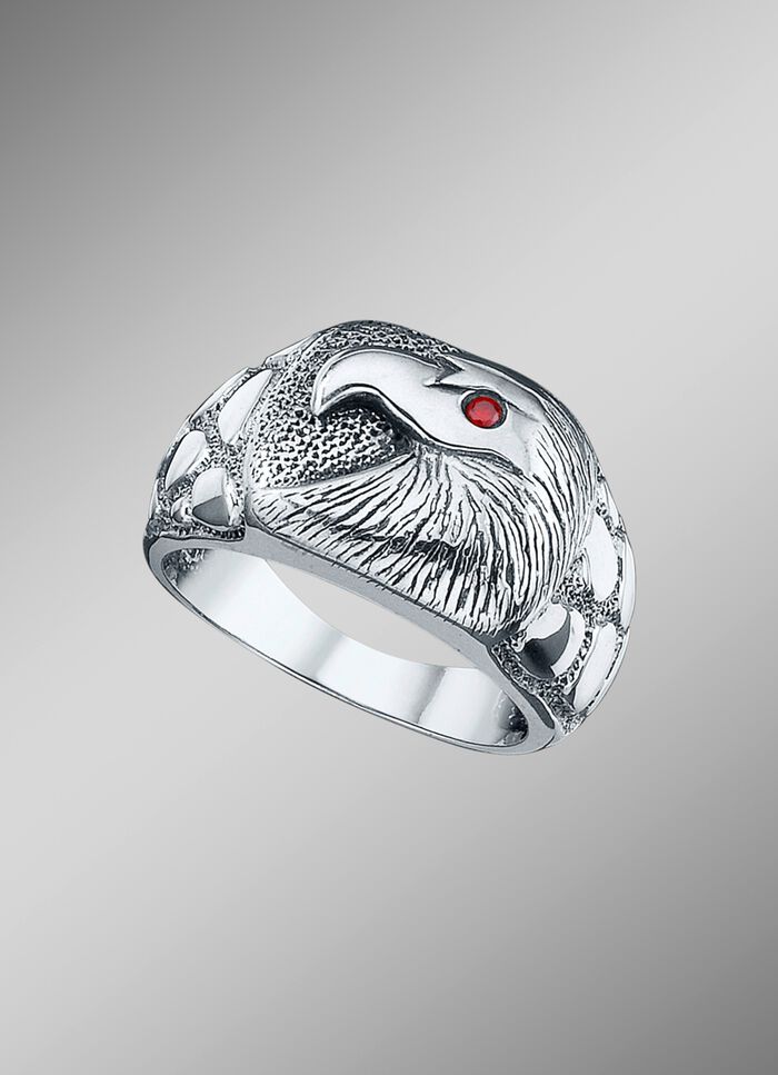 Stevige herenring met adelaar en echte granaat 