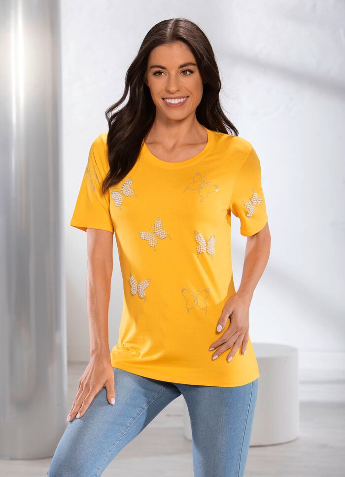 Shirt met interessante parel- en strass-versiering in 2 kleuren GEEL