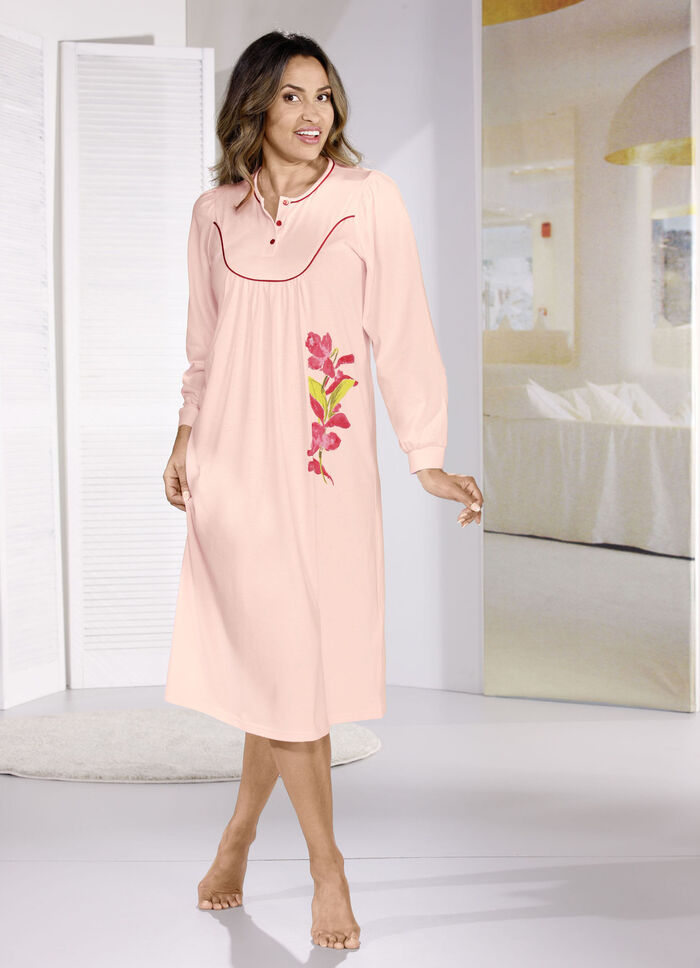 Nachthemd, tot op de kuit, met geknoopte manchetten ABRIKOOS