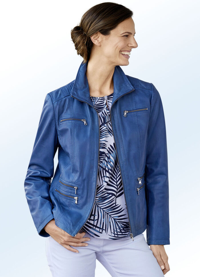 Kort leren jack met zakken met ritssluiting 