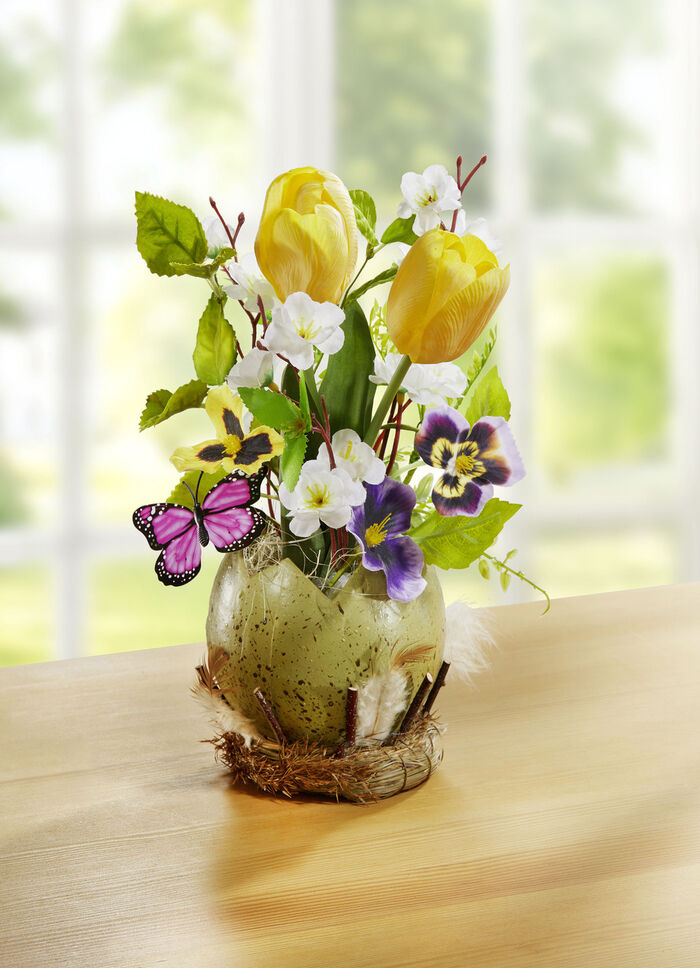 Tulp/viooltje arrangement in eierpot 