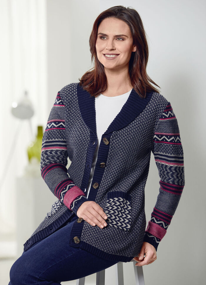 Cardigan in een mix van patronen MARINE-ROOD-CRÈME