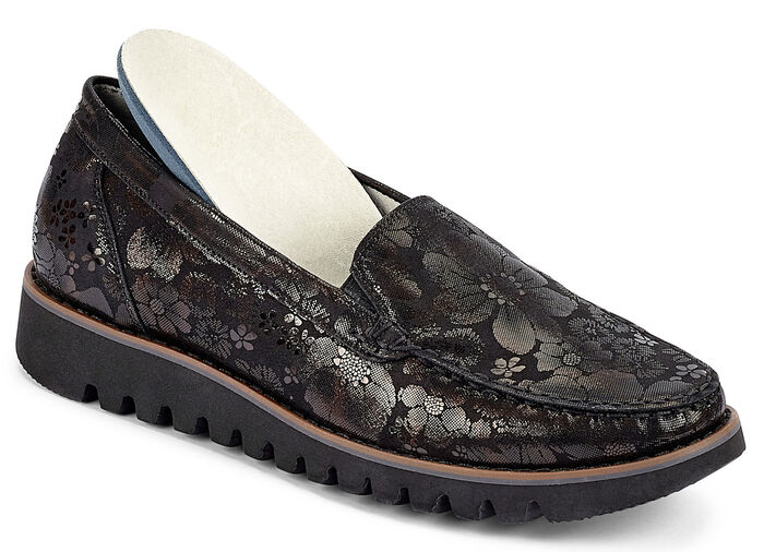 Waldläufer mocassinpantoffels met een subtiel glanzend reliëf ZWART-BRUIN