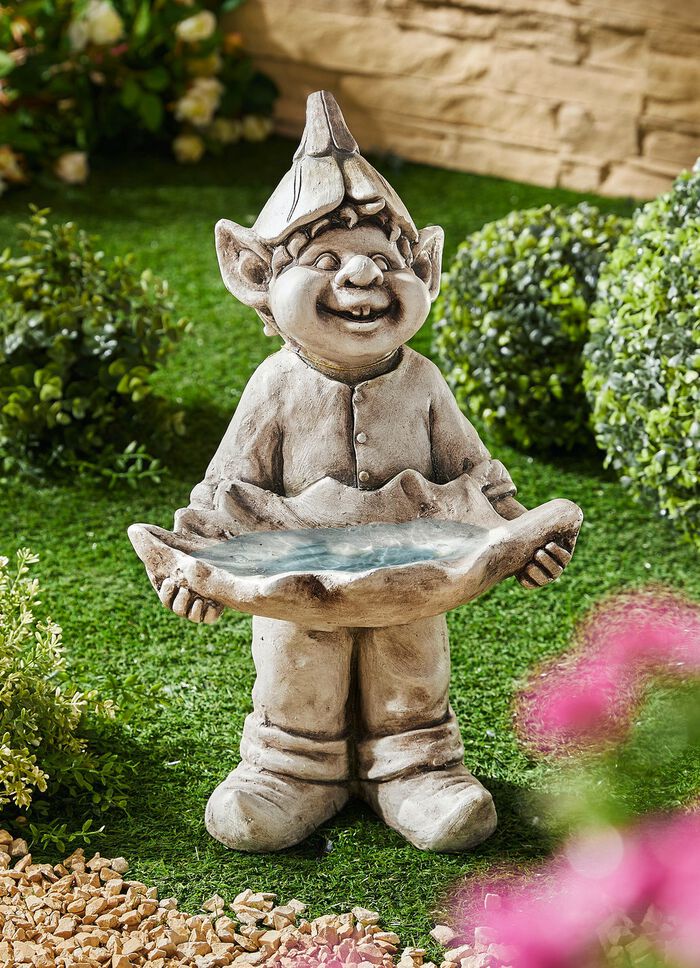 Kabouter met vogelbad van weerbestendig polyresin 