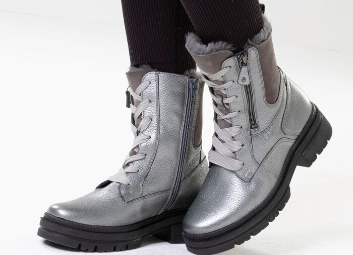 Waldl&auml;ufer, gevoerde dames enkellaarsjes, winterschoenen, breedte H, met lamsvacht ANTIEK ZILVER