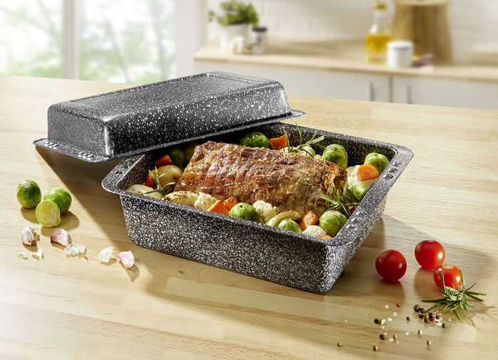 Combi-ovenschotelset in granietlook met antiaanbaklaag 